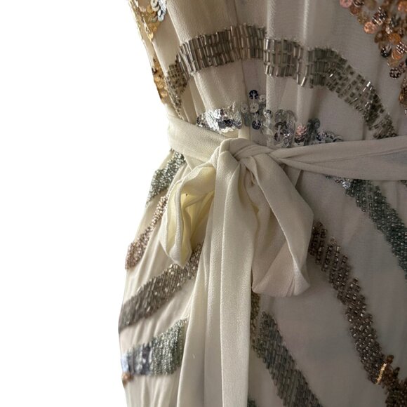 ASOS White, Gold, Silver Long Sleeve Sequin Zebra Print Wrap Midi Dress Size 6 - Picture 8 of 16